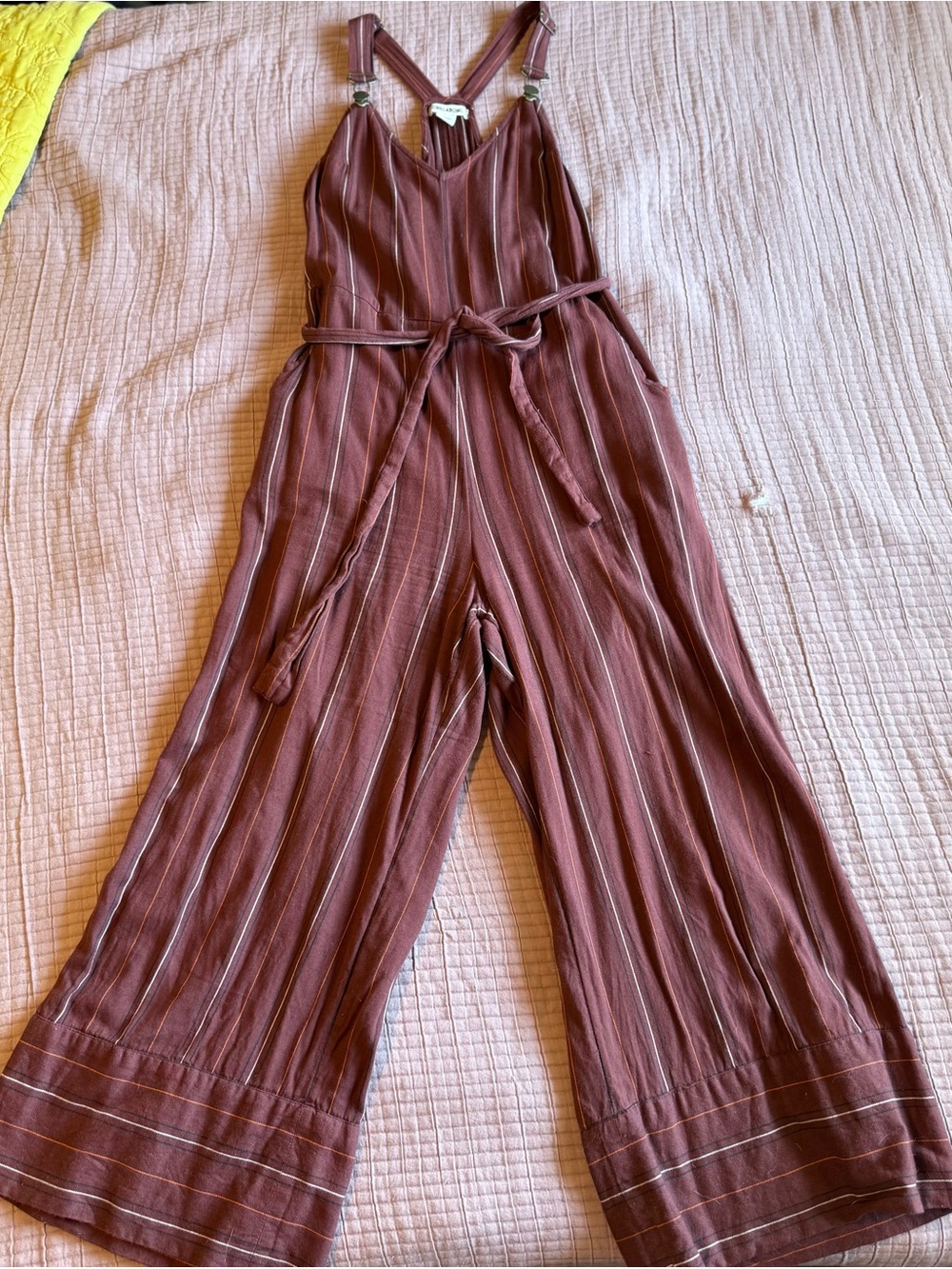 Wide-Leg Mauve Striped Overall Jumpsuit with Tie Waist